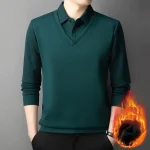 Long Sleeve T-shirt Shirts Winter Fleece Male Lapel Fake Two-piece Striped Regular Fit Thick Plush Warm Knitted Pullover Men Top - Image 6