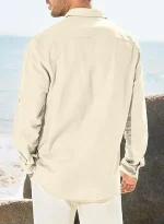 Men's Shirt Double Pocket Cotton Linen Long Sleeve Shirt Casual Holiday Shirt Simple Lapel Solid Cargo Shirts Tops Blouses - Image 17