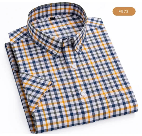 Plaid Checkered Short Sleeve 100% Cotton Shirt Button - Image 33
