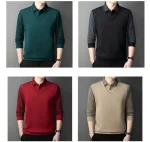 Long Sleeve T-shirt Shirts Winter Fleece Male Lapel Fake Two-piece Striped Regular Fit Thick Plush Warm Knitted Pullover Men Top - Image 15