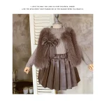 Korean Style Fur Knitted Top and Pleated Leather Mini Skirt Set - Image 9