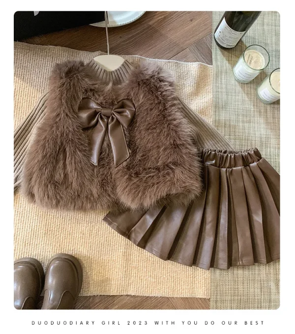 Korean Style Fur Knitted Top and Pleated Leather Mini Skirt Set - Image 6