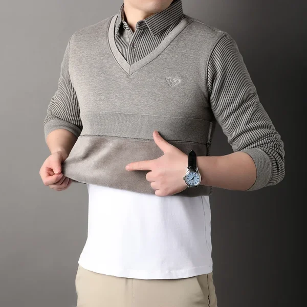 Autumn and Winter New Collection with Fleece Fake Two Piece Long Sleeved Polo Shirt for Men Fashionable and Casual Versatile Top - Image 29