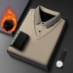 Long Sleeve T-shirt Shirts Winter Fleece Male Lapel Fake Two-piece Striped Regular Fit Thick Plush Warm Knitted Pullover Men Top - Image 8