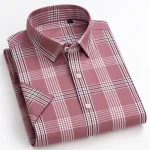 Plaid Checkered Short Sleeve 100% Cotton Shirt Button - Image 19