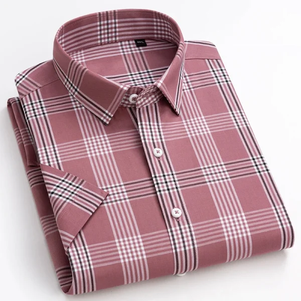 Plaid Checkered Short Sleeve 100% Cotton Shirt Button - Image 19