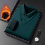 Long Sleeve T-shirt Shirts Winter Fleece Male Lapel Fake Two-piece Striped Regular Fit Thick Plush Warm Knitted Pullover Men Top - Image 12