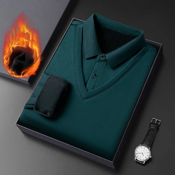 Long Sleeve T-shirt Shirts Winter Fleece Male Lapel Fake Two-piece Striped Regular Fit Thick Plush Warm Knitted Pullover Men Top - Image 12