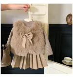 Korean Style Fur Knitted Top and Pleated Leather Mini Skirt Set - Image 17