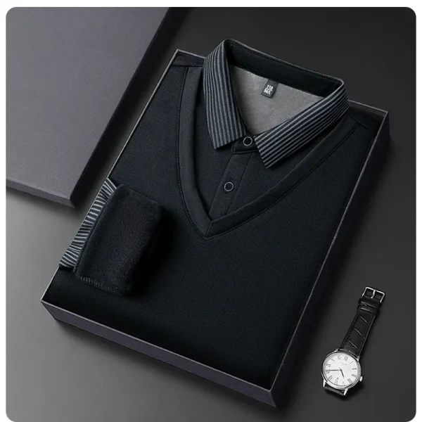 Long Sleeve T-shirt Shirts Winter Fleece Male Lapel Fake Two-piece Striped Regular Fit Thick Plush Warm Knitted Pullover Men Top - Image 23