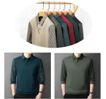 Long Sleeve T-shirt Shirts Winter Fleece Male Lapel Fake Two-piece Striped Regular Fit Thick Plush Warm Knitted Pullover Men Top - Image 14