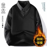 Autumn and Winter New Collection with Fleece Fake Two Piece Long Sleeved Polo Shirt for Men Fashionable and Casual Versatile Top - Image 17