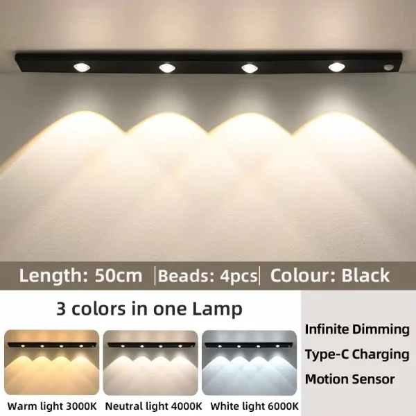 White/Black LED Cabinet Light USB Rechargeable Motion Sensor LED Light for Kitchen Wardrobe Cabinet Lighting 20CM/30CM/40CM/50CM - Image 11