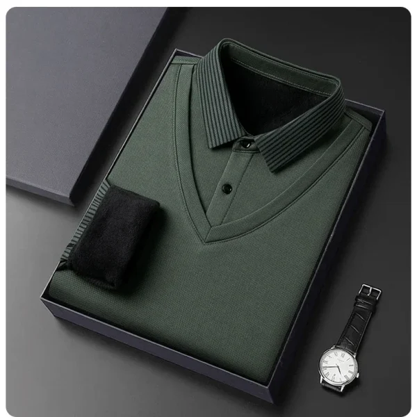 Long Sleeve T-shirt Shirts Winter Fleece Male Lapel Fake Two-piece Striped Regular Fit Thick Plush Warm Knitted Pullover Men Top - Image 35
