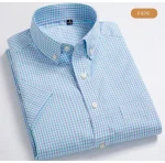 Plaid Checkered Short Sleeve 100% Cotton Shirt Button - Image 34