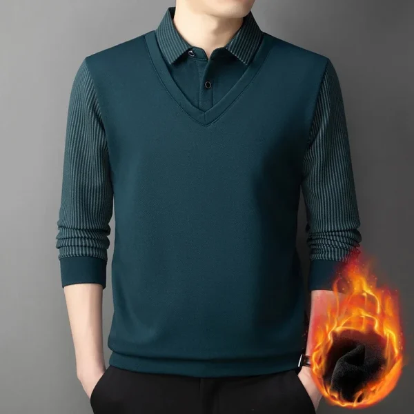 Long Sleeve T-shirt Shirts Winter Fleece Male Lapel Fake Two-piece Striped Regular Fit Thick Plush Warm Knitted Pullover Men Top - Image 3