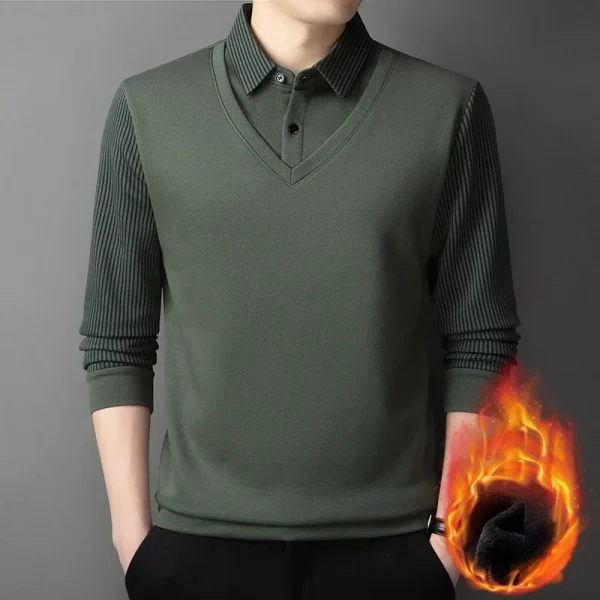 Long Sleeve T-shirt Shirts Winter Fleece Male Lapel Fake Two-piece Striped Regular Fit Thick Plush Warm Knitted Pullover Men Top - Image 4