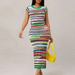 women Colorful striped tee dress