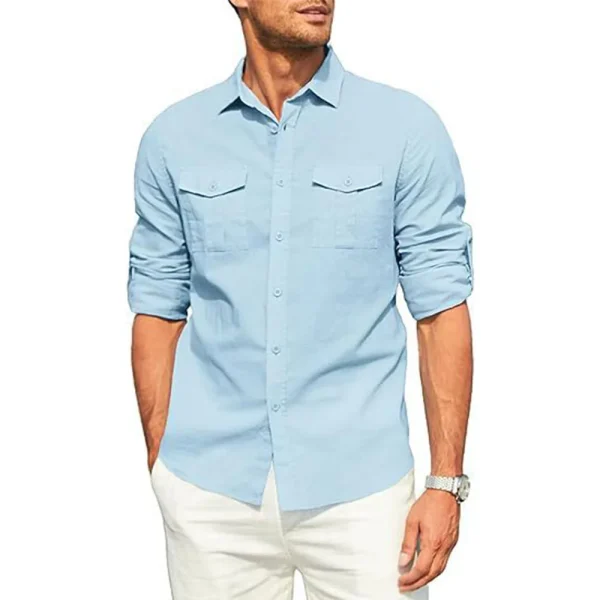 Men's Double Pocket Linen Long Sleeved Shi - Image 3