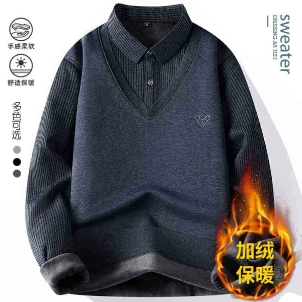 Autumn and Winter New Collection with Fleece Fake Two Piece Long Sleeved Polo Shirt for Men Fashionable and Casual Versatile Top - Image 14