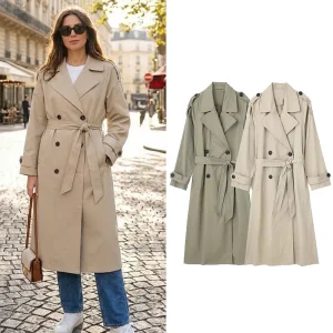 Willshela Women Fashion With Belt Solid Double Breasted Trench Vintage Lapel Neck Long Sleeves Female Chic Lady Outfits
