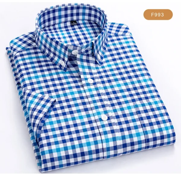 Plaid Checkered Short Sleeve 100% Cotton Shirt Button - Image 41