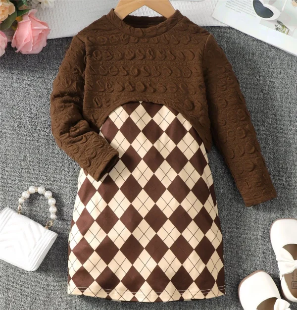 Girls' 2-Piece Brown Top & Lattice Dress Set - Image 4