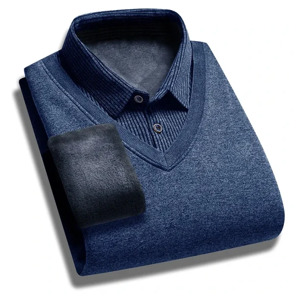 Autumn and Winter New Collection with Fleece Fake Two Piece Long Sleeved Polo Shirt for Men Fashionable and Casual Versatile Top - Image 7