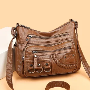 Vintage PU Crossbody Bag, Retro Multi Layer Shoulder Bag, Women's Fashion Handbag & Purse, Female Work Travel Messenger Bag