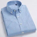 Plaid Checkered Short Sleeve 100% Cotton Shirt Button - Image 14