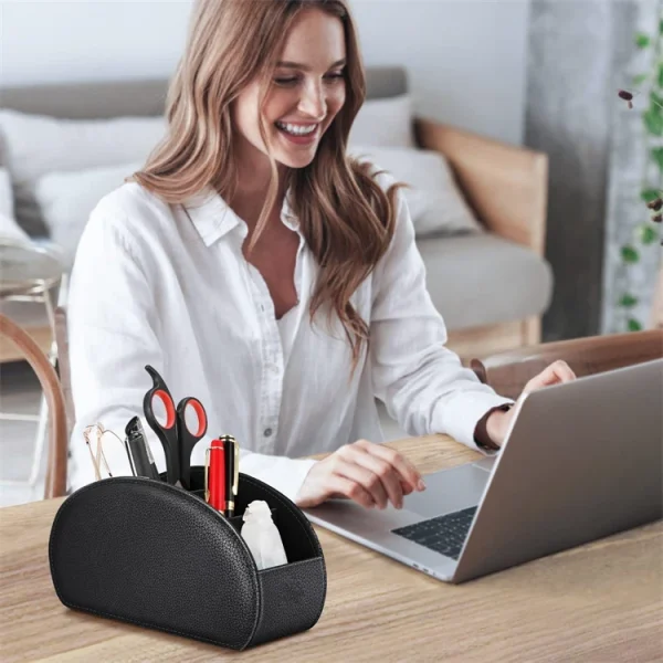 LMETJMA Remote Control Holder with 5 Compartments PU Leather TV Remote Caddy Storage Box Organizer Tray Desktop Organizer - Image 27