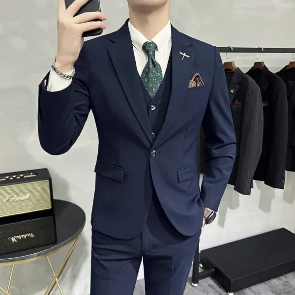 ( Jacket + Vest + Pants ) High-end Brand Boutique Fashion Solid Color Mens Casual Business Suit 3Piece Set Groom Wedding Dress - Image 9