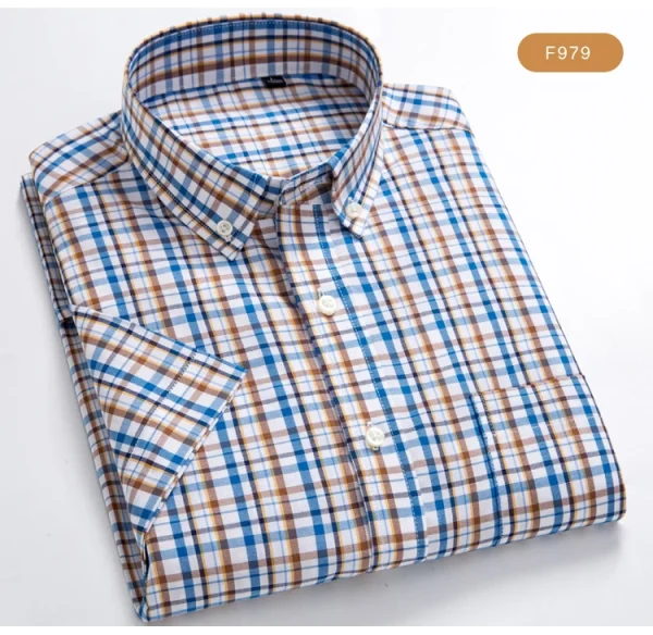 Plaid Checkered Short Sleeve 100% Cotton Shirt Button - Image 37