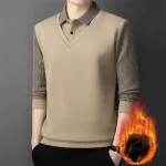 Long Sleeve T-shirt Shirts Winter Fleece Male Lapel Fake Two-piece Striped Regular Fit Thick Plush Warm Knitted Pullover Men Top - Image 36