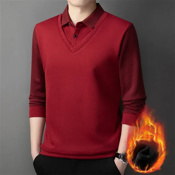 Long Sleeve T-shirt Shirts Winter Fleece Male Lapel Fake Two-piece Striped Regular Fit Thick Plush Warm Knitted Pullover Men Top - Image 28