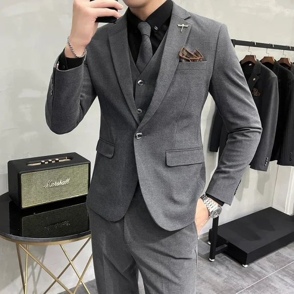 ( Jacket + Vest + Pants ) High-end Brand Boutique Fashion Solid Color Mens Casual Business Suit 3Piece Set Groom Wedding Dress - Image 3