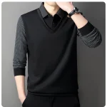 Long Sleeve T-shirt Shirts Winter Fleece Male Lapel Fake Two-piece Striped Regular Fit Thick Plush Warm Knitted Pullover Men Top - Image 21