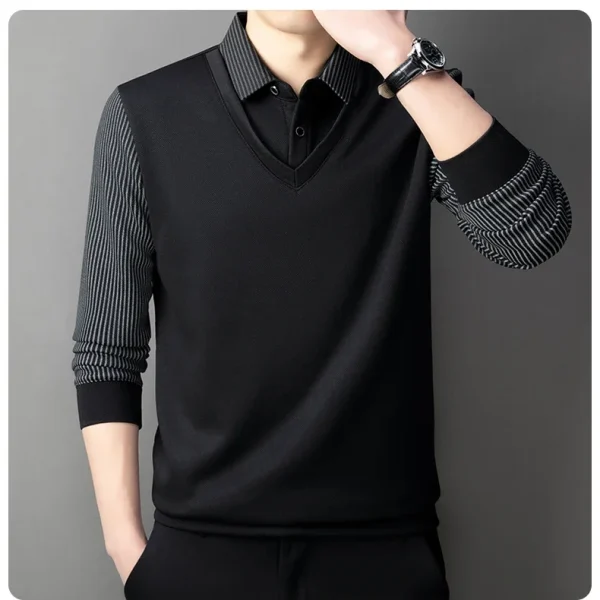 Long Sleeve T-shirt Shirts Winter Fleece Male Lapel Fake Two-piece Striped Regular Fit Thick Plush Warm Knitted Pullover Men Top - Image 21