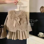 Korean Style Fur Knitted Top and Pleated Leather Mini Skirt Set - Image 5