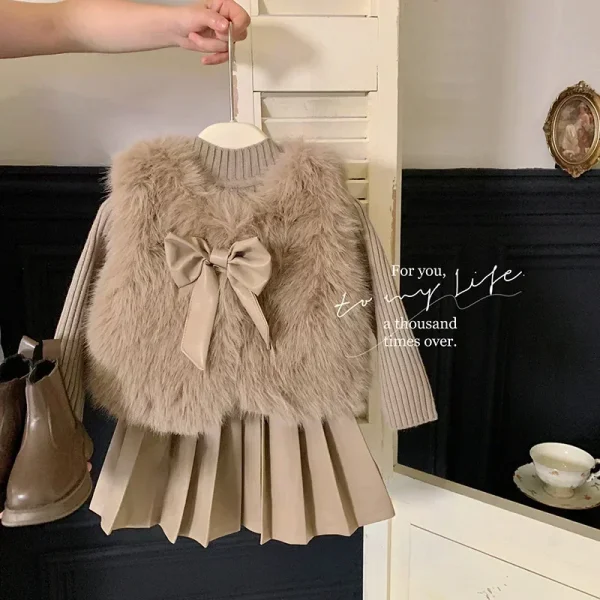 Korean Style Fur Knitted Top and Pleated Leather Mini Skirt Set - Image 5