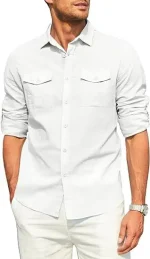 Men's Double Pocket Linen Long Sleeved Shi - Image 10