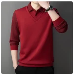 Long Sleeve T-shirt Shirts Winter Fleece Male Lapel Fake Two-piece Striped Regular Fit Thick Plush Warm Knitted Pullover Men Top - Image 29
