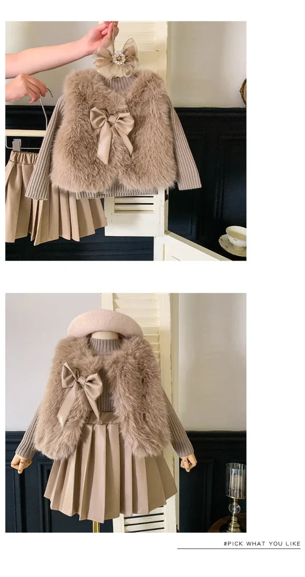 Korean Style Fur Knitted Top and Pleated Leather Mini Skirt Set - Image 18
