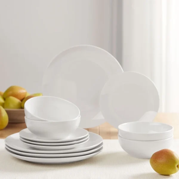 12-Piece White Stoneware Dinnerware Set 4 Dishwasher Microwave Safe Elegant Tableware Bowls Plates Ideal Formal Casual Use - Image 3