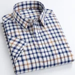 Plaid Checkered Short Sleeve 100% Cotton Shirt Button - Image 24