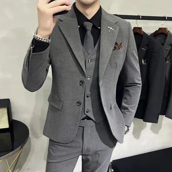 ( Jacket + Vest + Pants ) High-end Brand Boutique Fashion Solid Color Mens Casual Business Suit 3Piece Set Groom Wedding Dress - Image 17