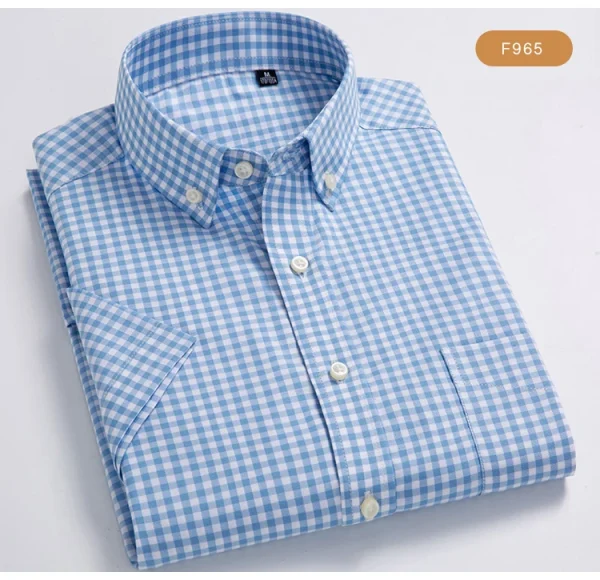 Plaid Checkered Short Sleeve 100% Cotton Shirt Button - Image 28