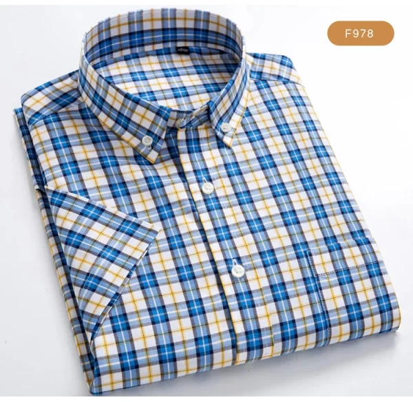 Plaid Checkered Short Sleeve 100% Cotton Shirt Button - Image 36