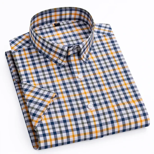 Plaid Checkered Short Sleeve 100% Cotton Shirt Button - Image 17
