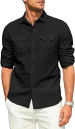 Men's Double Pocket Linen Long Sleeved Shi - Image 7